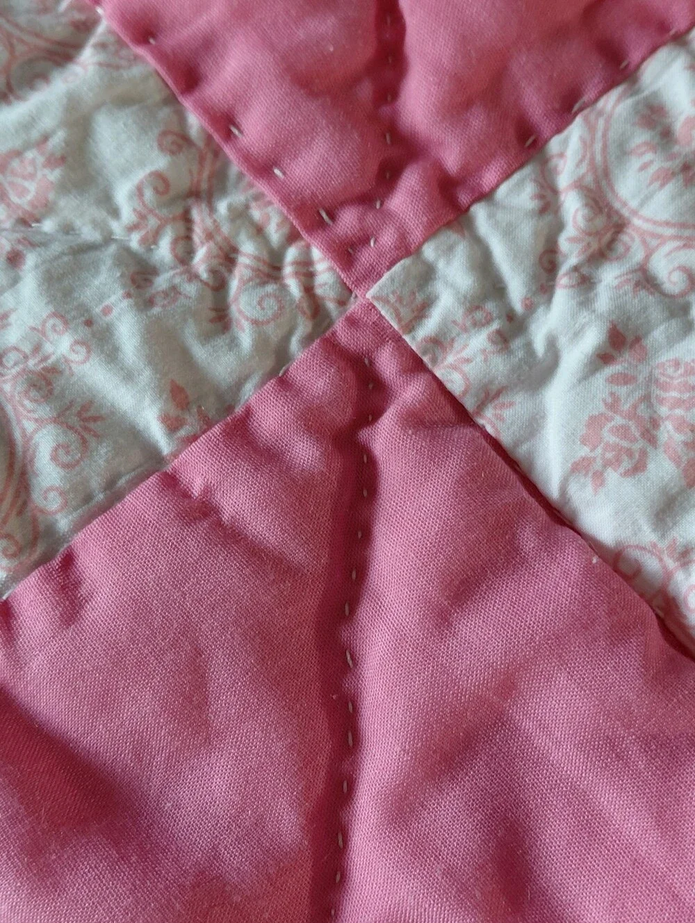 Pink Patchwork Lap Quilt -Appears Hand Stitched